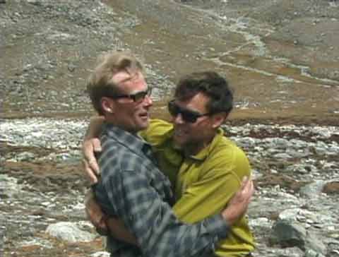 
Conrad Anker and Alex Lowe hug at Shishapangma Southwest base Camp - Shishapangma (and Himalaya): North Face Expeditions Volume 3 DVD
